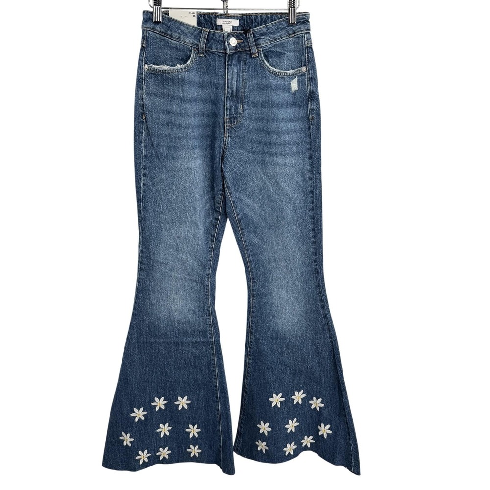 Forever 21 Women Flare Jeans 26 Blue‎ Daisy Embroidered High Rise Boho Retro